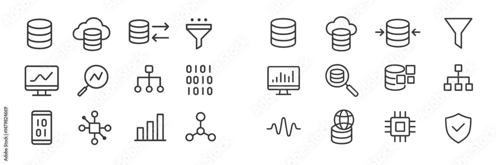Poster Set of web icons representing data management, analytics, and networking concepts in a clean, minimal style suitable for various applications