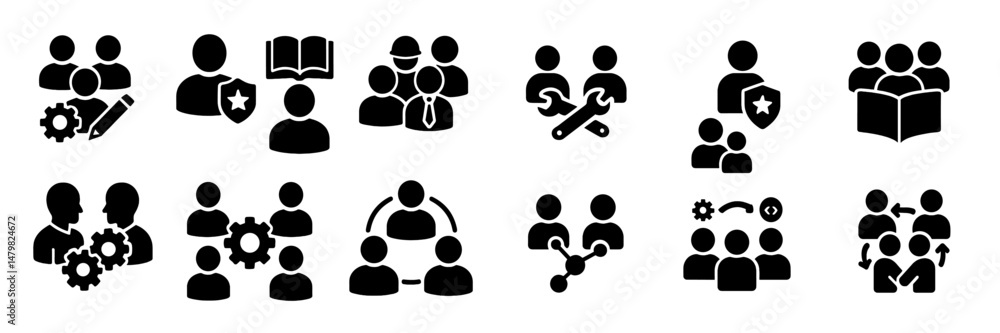 Poster set of web icons representing various social interactions, collaborations, and organizational activi