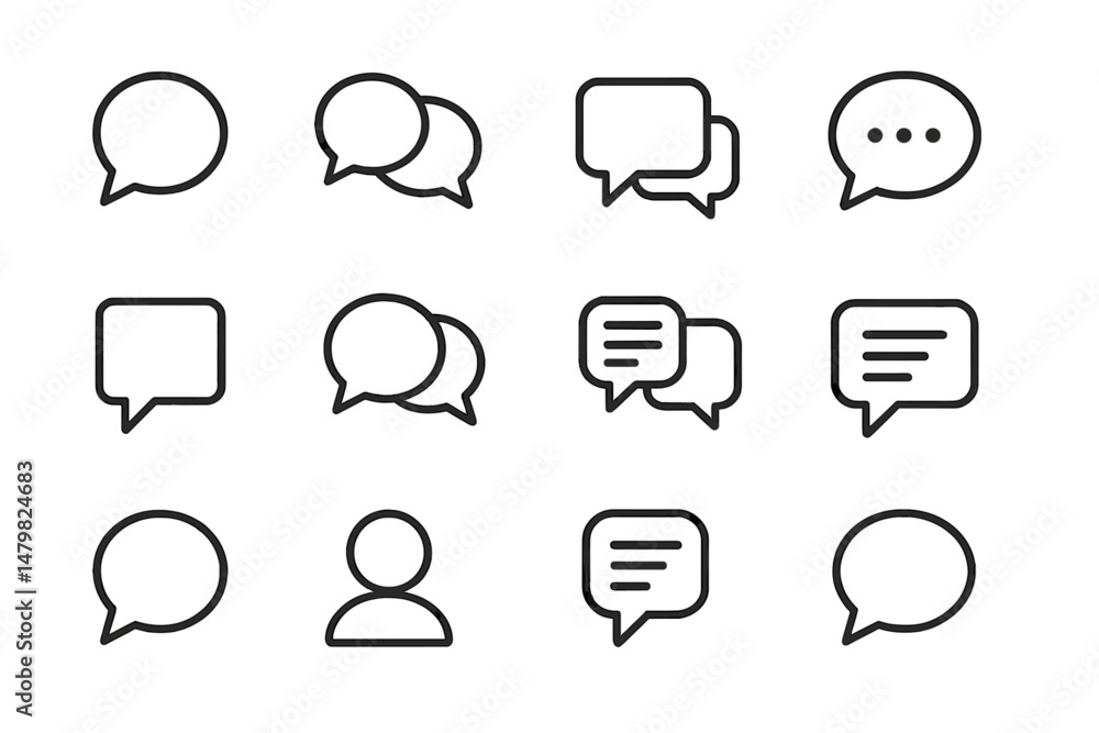 Poster set of web icons featuring speech bubbles, chat elements, and user interaction symbols for digital c