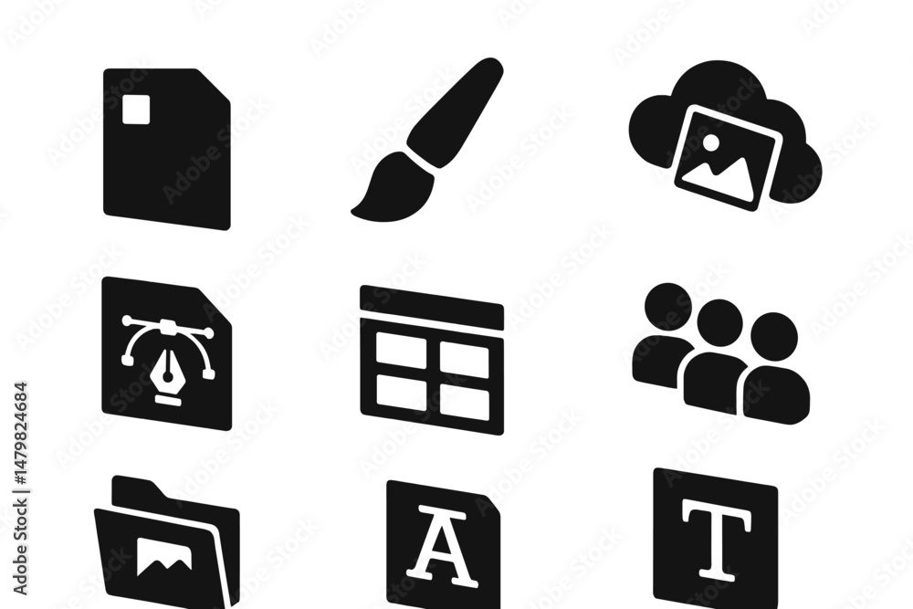 Poster set of minimalistic web icons representing various digital activities and tools for creative design 