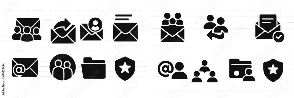 Poster collection of black web icons showcasing communication, networking, and file management elements for