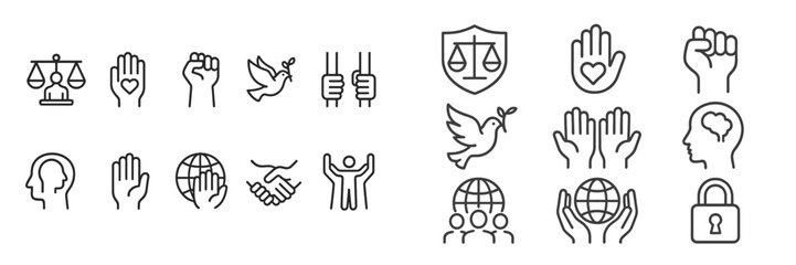 Fototapeta premium Collection of web icons representing social issues, justice, and community engagement in a clean, minimalist style