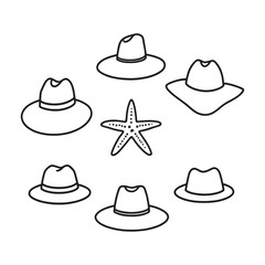 straw hat and starfish minimal summer beach line art