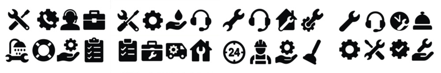 Collection of black web icons for various services and functionality related to technology and maintenance