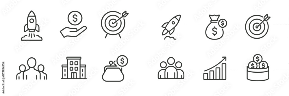 Aufkleber Set of web icons representing business concepts such as investment, growth, and teamwork in simple outline design