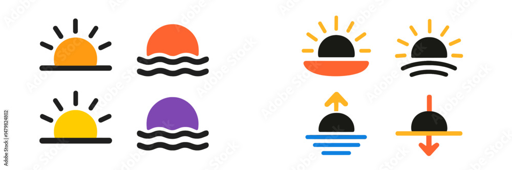 Poster collection of web icons featuring sunset and sun symbols with various color schemes and styles suita