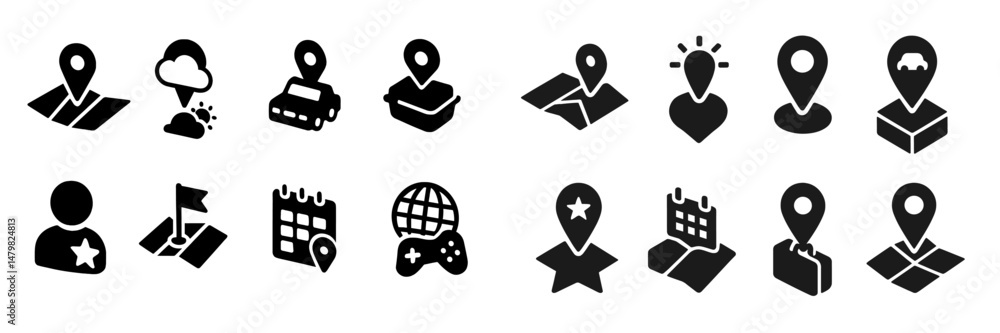 Poster set of web icons representing various activities, locations, and user engagements, suitable for digi