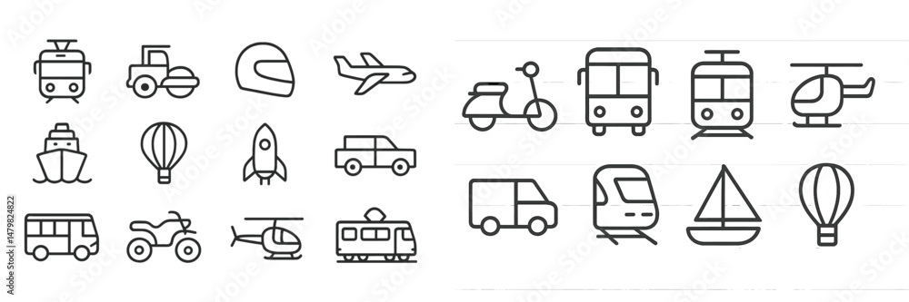 Poster Collection of transport web icons featuring various travel modes and vehicles in line art style for digital projects