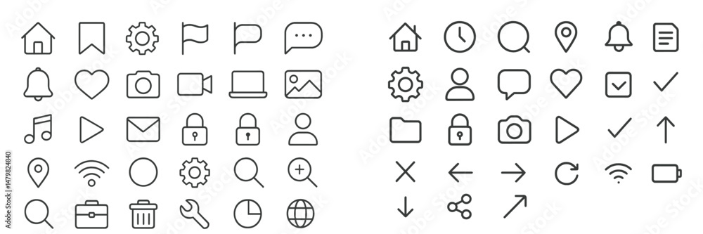 Fototapete collection of minimalistic web icons showcasing communication, navigation, and multimedia elements f