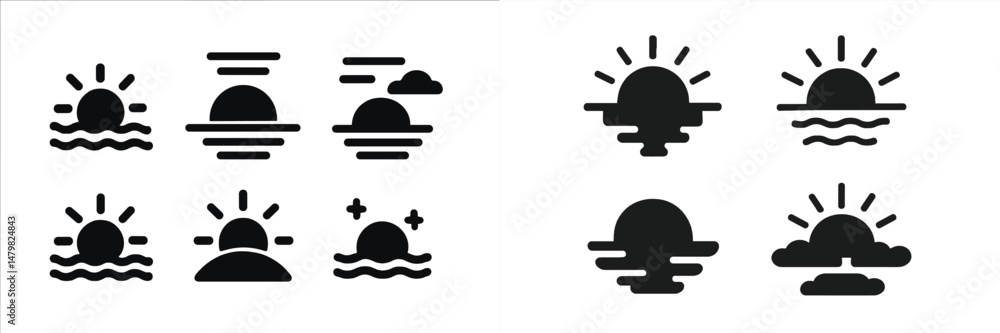 Aufkleber collection of minimalist web icons depicting various sunset designs and styles for digital applicati