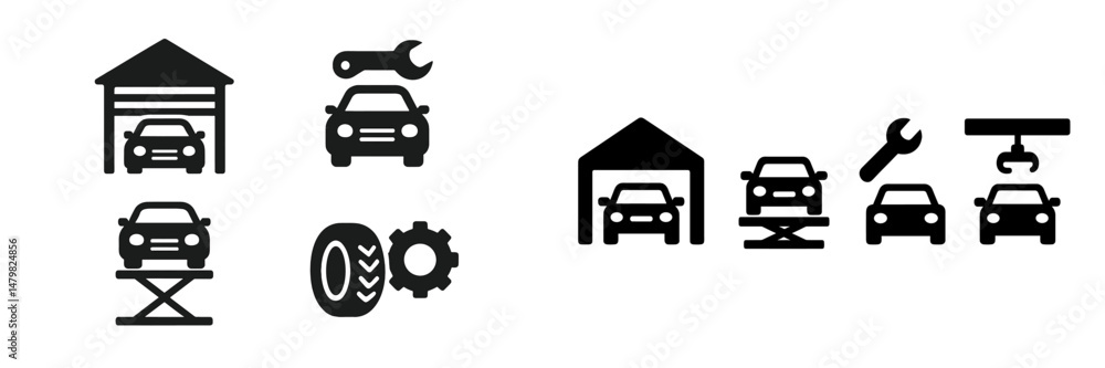 Poster collection of web icons representing automotive services and repairs with various tools and equipmen