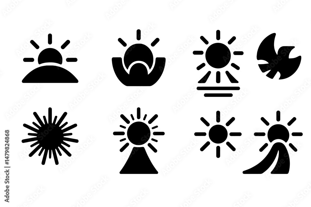 Poster collection of creative web icons featuring sun and landscape designs suitable for various digital ap