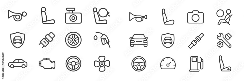 Fototapete Collection of minimalist web icons representing automotive features and functions for modern designs
