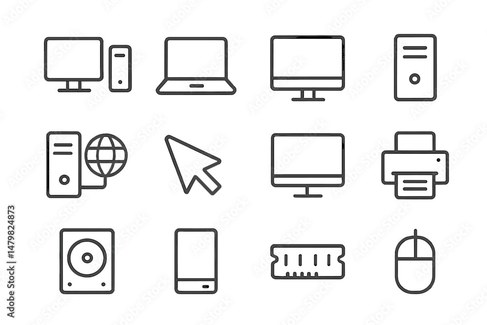 Fototapete collection of web icons showcasing various digital devices and components for design projects and on