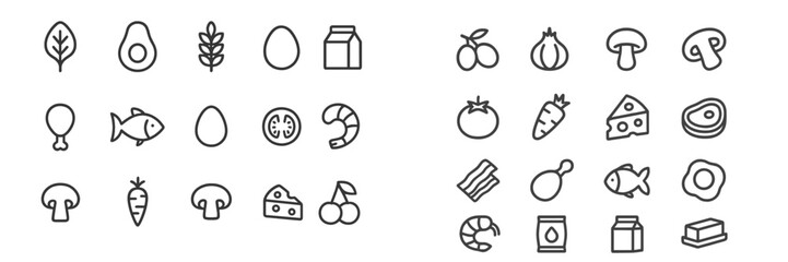 Collection of minimalistic web icons representing various food items for digital use and design