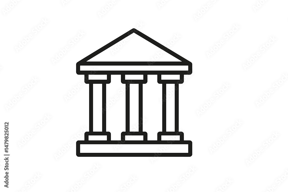 Poster web icons set featuring a simple outline of a classical building with columns and a triangular roof