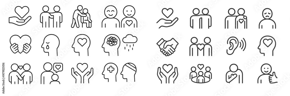 Poster set of simple and clean web icons representing emotions, relationships, and community engagement in 