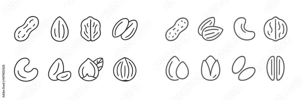 Poster Collection of minimalistic line art web icons depicting various seeds and nuts in a clean design format