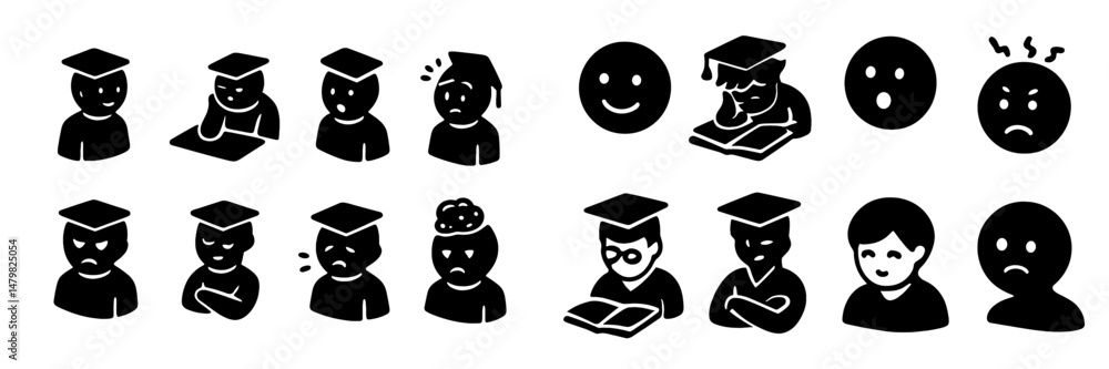 Poster web icons depicting various emotions and academic themes suitable for educational and digital commun