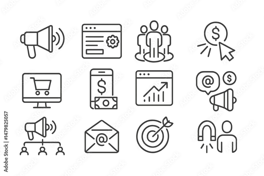 Aufkleber Set of minimalist web icons representing various online activities and digital marketing essentials suited for modern web projects