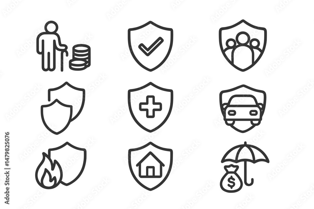 Poster Collection of minimalist web icons representing various insurance types and services for digital applications