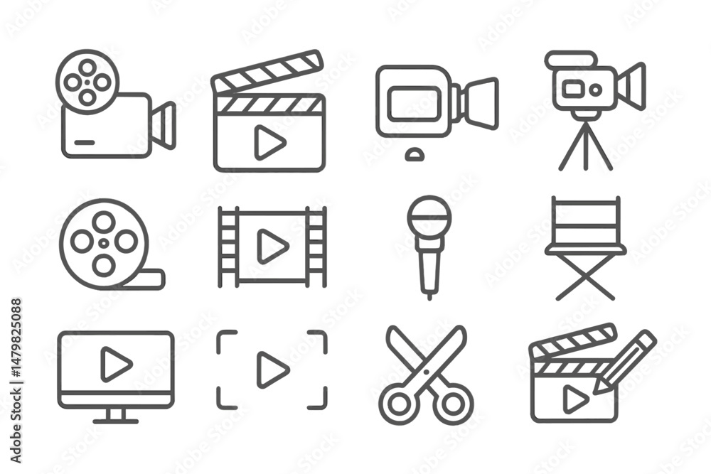 Poster collection of web icons representing multimedia tools for video production and editing activities