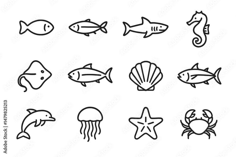 Poster set of web icons featuring various marine animals and sea life in simple line art style