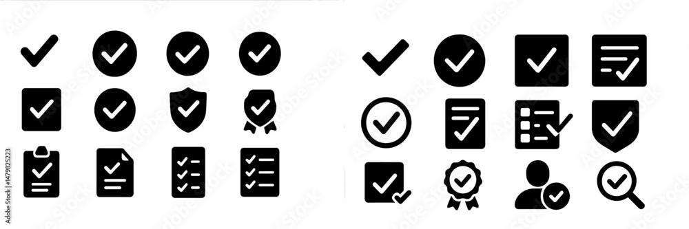 Poster Set of web icons featuring checkmarks, forms, and badges for digital design use in various applications