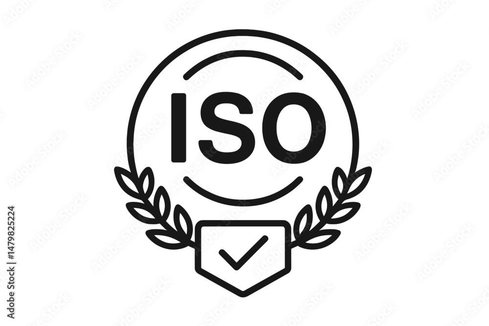 Poster Set of web icons featuring a quality certification emblem with ISO text and laurel wreath design