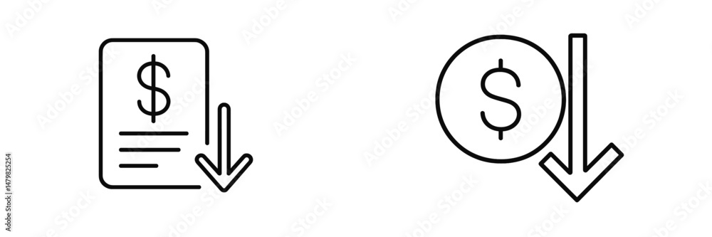 Poster Set of web icons representing financial decline with downward arrows and dollar signs for online applications