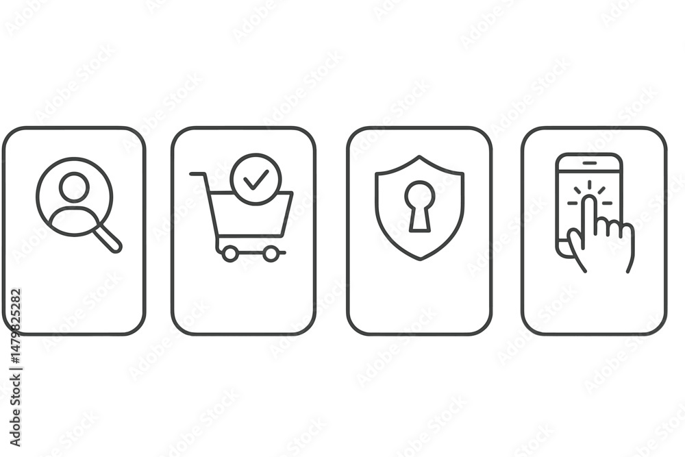 Poster collection of web icons representing user search, shopping cart, security, and mobile interaction fo