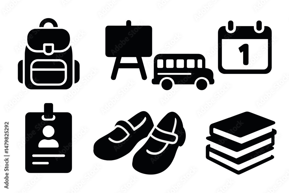 Poster collection of educational and school-related web icons depicting essential items for students and te