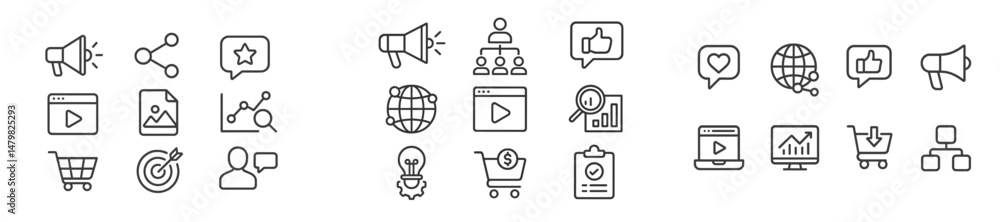 Poster collection of web icons showcasing various digital activities and tools for online engagement and an