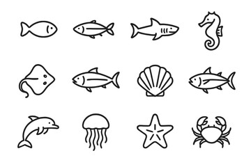 Fototapeta premium Set of web icons featuring various marine animals and sea life in simple line art style