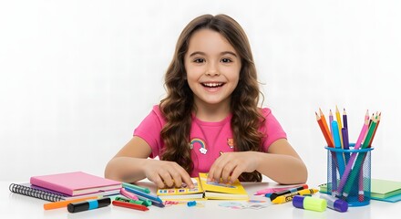 Happy Girl Playing at a Desk with Colorful Supplies