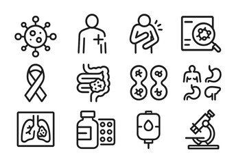 Set of web icons depicting health, illness, and medical care with clear symbols for various themes and concepts
