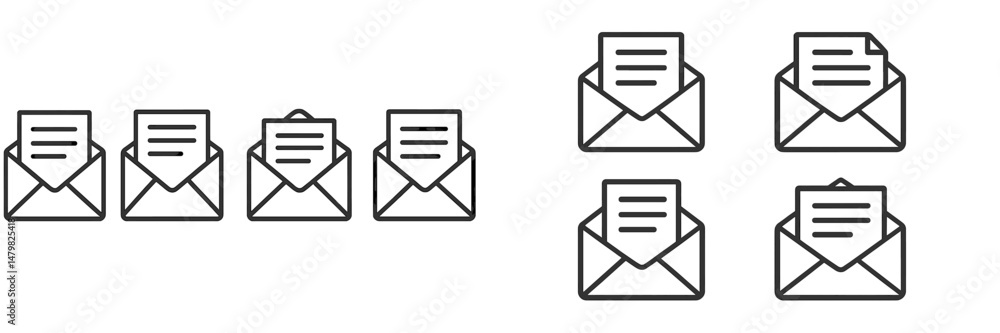 Poster set of web icons showcasing various email designs in simple line art style for digital communication