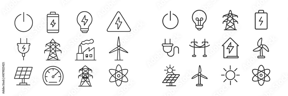 Poster set of energy-related web icons featuring various symbols for electricity, renewable energy sources,