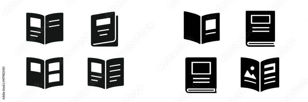 Poster collection of web icons depicting open book designs for digital applications, showcasing various sty