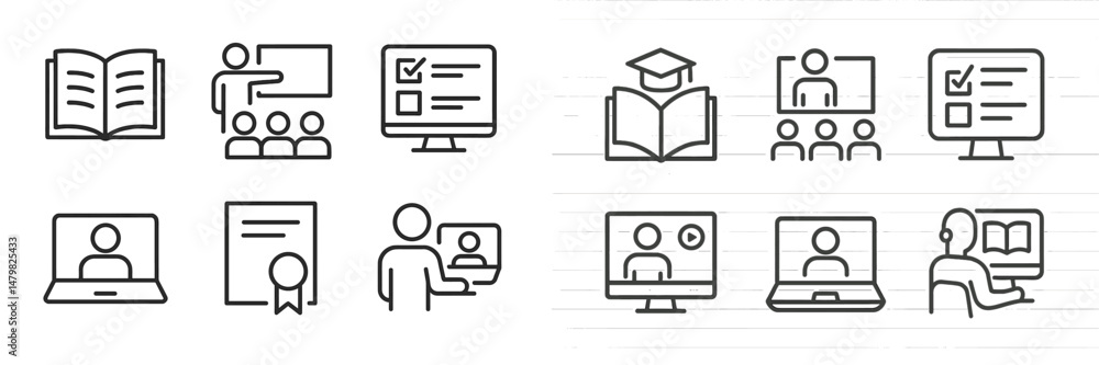 Poster collection of educational web icons representing various learning activities and tools for online ed