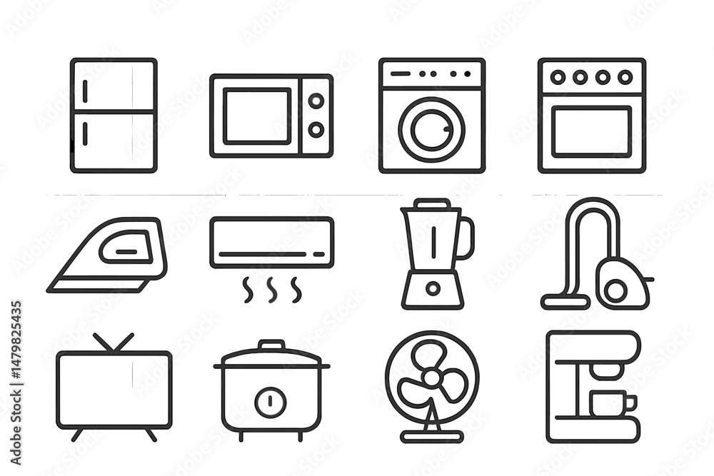 Poster Collection of minimalistic web icons representing household appliances and electronics for web and graphic design projects