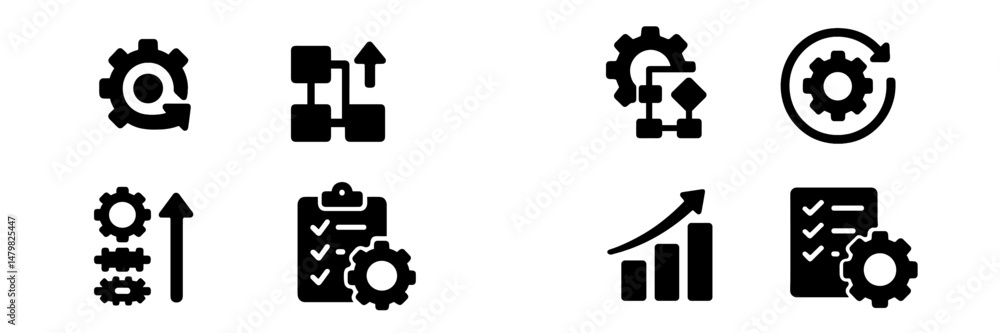 Poster collection of black web icons representing tools, analytics, and productivity for digital applicatio