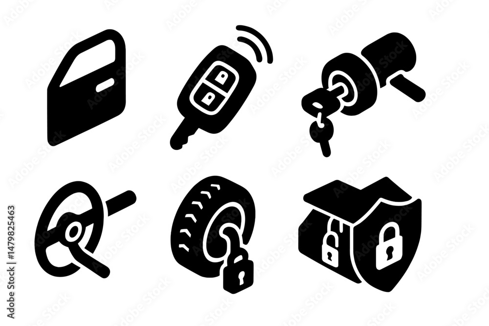 Poster collection of web icons representing security features like car keys, locks, and vehicle components 