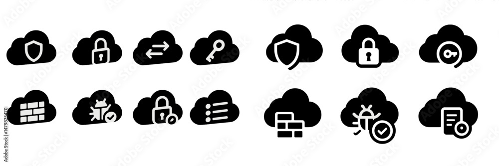 Poster Set of web icons representing cloud security, data management, and connectivity for digital services and applications