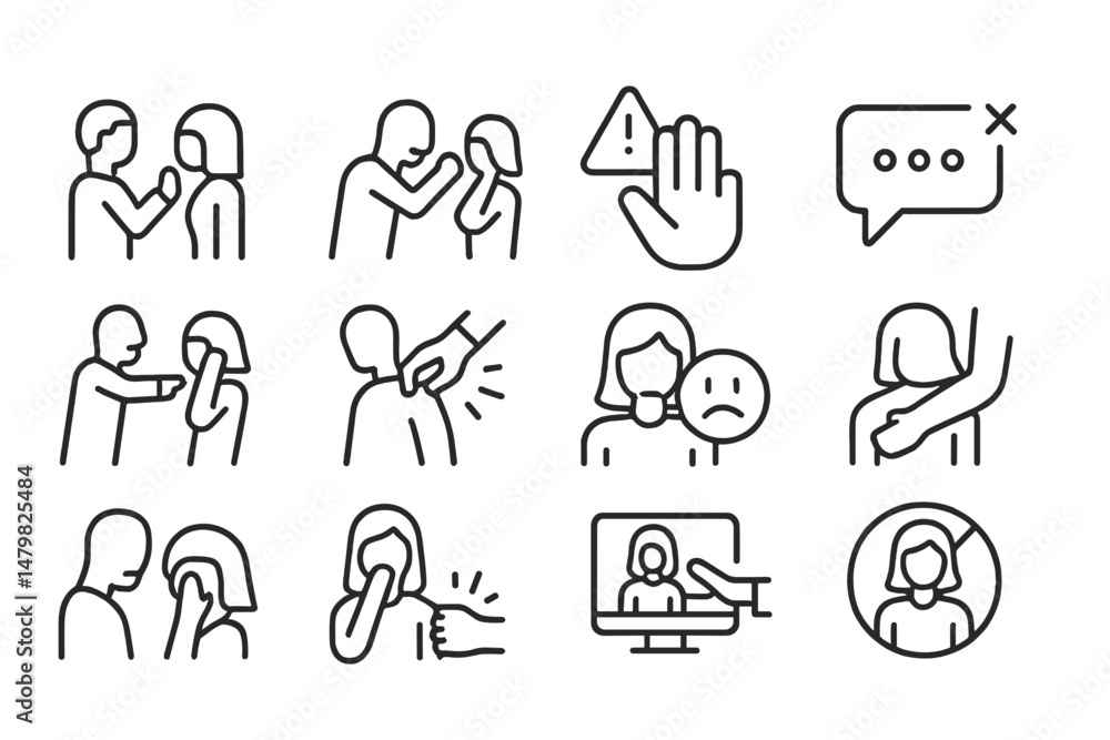 Poster Set of simple web icons depicting various interactions and emotional expressions in social contexts