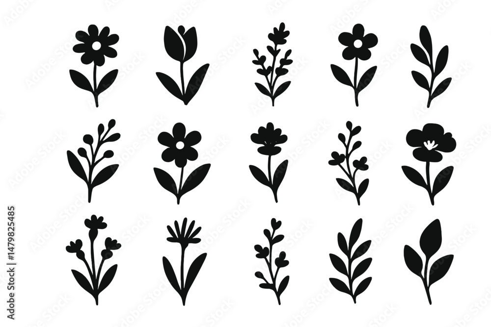 Poster set of decorative web icons featuring various flower and leaf silhouettes in a black design for crea