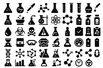Obraz premium Collection of black and white web icons depicting scientific tools, symbols, and laboratory equipment for technology and education