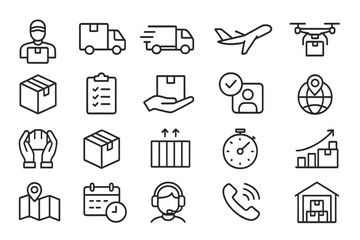 Set of web icons representing delivery, logistics, and communication services for online businesses