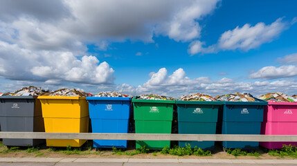 Row of Colorful Overfilled Dumpsters with Cardboard and Paper Under Cloudy Sky