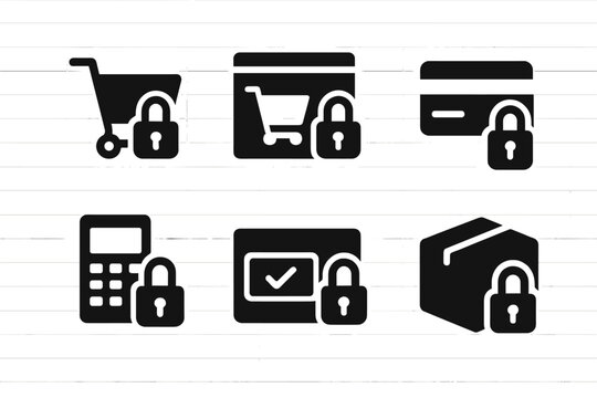 Collection of web icons depicting secure shopping elements for online transactions and e-commerce activities